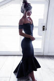 Charming Simple Mermaid Long Off The Shoulder Navy Blue Prom Dresses