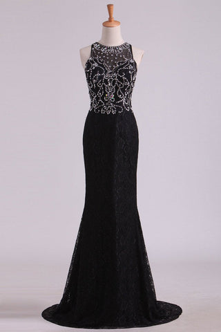 New Arrival Scoop Prom Dresses Mermaid Beaded Bodice Sweep Train Lace