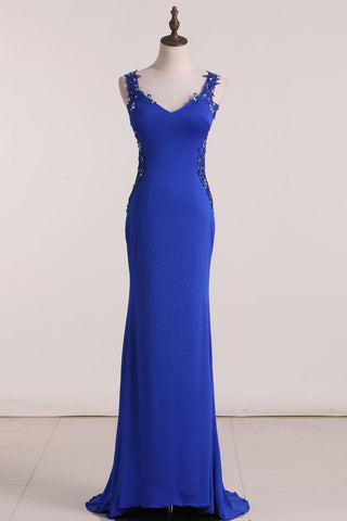 New Arrival Spaghetti Straps Column Prom Dresses With Beading And Applique Spandex