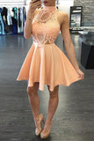 High Neck Homecoming Dresses A Line Satin With Applique Short/Mini