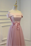 Boat Neck Tulle With Applique Prom Dresses A Line Floor Length