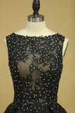 Black Sexy Bateau A-Line Prom Gown Sweep Train With Beads & Applique