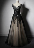 Charming Appliques Lace-up Sweetheart Short Sleeve Black Tulle Evening Dresses JS765