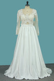 Satin A Line Scoop Long Sleeves Wedding Dresses With Applique And Bow Knot