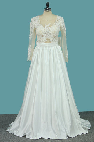 Satin A Line Scoop Long Sleeves Wedding Dresses With Applique And Bow Knot