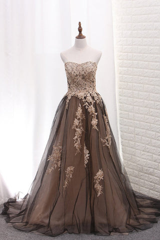 Tulle Prom Dresses A Line Sweetheart With Applique Sweep Train