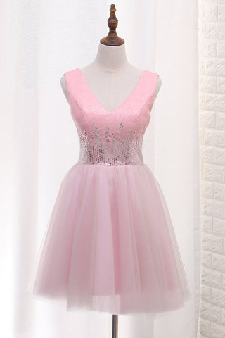 V Neck Tulle A Line Homecoming Dresses Sequined Bodice Short/Mini