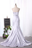 Sexy Mermaid Elastic Satin Silver Prom Dresses Sweetheart Zipper Up With Beading