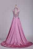 Open Back Two Pieces High Neck Prom Dresses A Line Satin With Beading