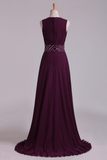 Prom Dresses A-Line Bateau Floor-Length Chiffon With Beads & Ruffles