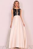 A Line Scoop Satin Prom Dresses With Sequins&Bow Floor Length