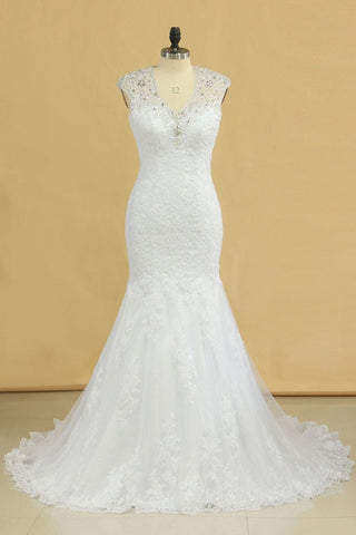 Plus Size Mermaid Wedding Dresses V Neck With Beads And Applique Court Train Tulle