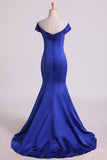 Prom Dresses Off The Shoulder Satin Mermaid Dark Royal Blue Sweep Train