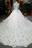 New Arrival Floral Boat Neck Wedding Dresses Lace Up With Appliques And Handmade Flowers