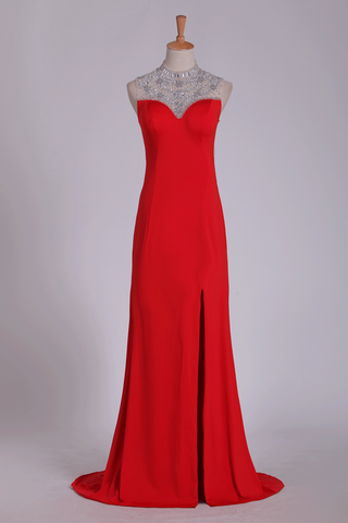 Red High Neck Prom Dresses Sheath/Colum With Beading Sweep Train