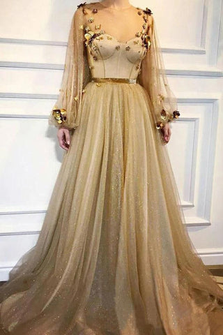 Elegant 3D Flowers Long Sleeve Prom Dresses Golden Rhinestone Evening Dresses SJS15143