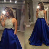 Beautiful Halter Beading Long A-Line Red Open Back Prom Dresses With Pockets