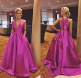 Cute A-line V Neck Satin Hot Pink Long Prom Dress with Ribbon Prom Dresses JS690