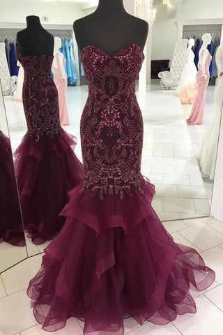 Strapless Sweetheart Long Tulle Mermaid Beads Prom Dresses, Maroon Formal Dresses SJS15433