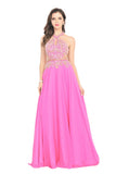 V Neck Prom Dresses Chiffon With Beading Open Back