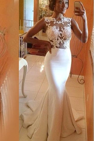 Lace Mermaid White Long Elegant Cap Sleeve Appliques High Neck Prom Dresses JS960