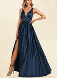 Caitlin A-line V-Neck Floor-Length Silky Satin Bridesmaid Dress UKP0020179