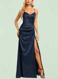 Eloise A-line V-Neck Floor-Length Silky Satin Bridesmaid Dress UKP0020180