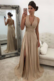 Chic Chiffon Open Back V Neck Beading Floor Length Prom Dresses with Split