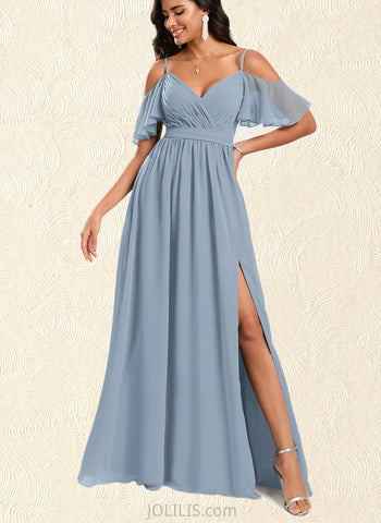 Julissa A-line Cold Shoulder Floor-Length Chiffon Bridesmaid Dress With Ruffle UKP0020183