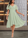 London A-line V-Neck Asymmetrical Chiffon Bridesmaid Dress With Ruffle UKP0020185