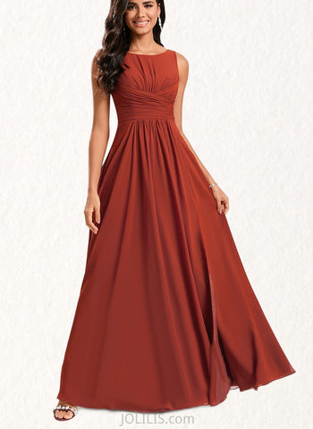 Rhoda A-line Scoop Floor-Length Chiffon Bridesmaid Dress With Ruffle UKP0020186