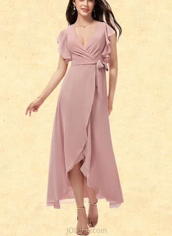 Londyn A-line V-Neck Floor-Length Chiffon Bridesmaid Dress With Ruffle UKP0020187