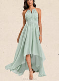 Kiley A-line Halter Asymmetrical Chiffon Bridesmaid Dress With Ruffle UKP0020188