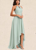 Kiley A-line Halter Asymmetrical Chiffon Bridesmaid Dress With Ruffle UKP0020188