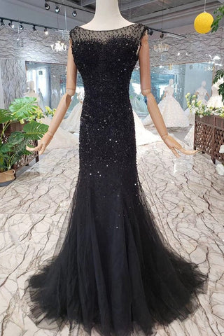 Mermaid Black Sequins Tulle Bodice Prom Dresses with Straps Long Evening Formal Dress JS797