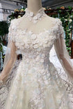 Princess Tulle High Neck Long Sleeve Handmade Flowers Lace up Prom Dresses JS795