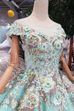 Elegant Ball Gown Cap Sleeve Lace up Scoop with Lace Appliques Beads Prom Dresses JS789