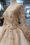 Princess Long Sleeve Ball Gown Scoop With Applique Beads Lace up Prom Dresses JS790