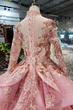 Long Sleeve Ball Gown High Neck With Lace Applique Beads Lace up Prom Dresses JS793