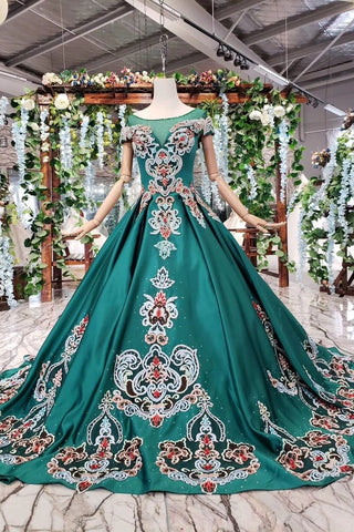 Simple Green Satin Short Sleeve Ball Gown Lace up with Applique Beads Prom Dresses JS792