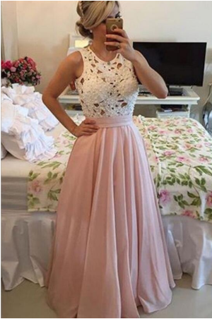 Gorgeous Lace Chiffon A-Line Formal Prom Gown With Pearls Blush Pink Long Prom Dresses JS134