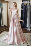 Elegant A Line V Neck Satin Beads V Back Pink Sleeveless Long Prom Dresses JS36