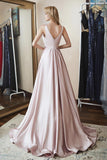 Elegant A Line V Neck Satin Beads V Back Pink Sleeveless Long Prom Dresses JS36