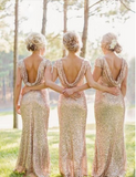 Sequin Short Sleeve Cap Sleeve Mermaid Backless Gold Long Cheap Bridesmaid Dresses JS52