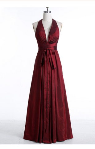 Sexy Burgundy Deep V-Neck Sleeveless Floor-Length Backless Prom Dresses JS681