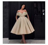 Unique Off the Shoulder Gold V Neck Ball Gown Satin Short Prom Dresses with Pockets H1230