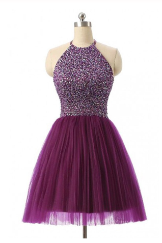 Short Prom Dresses Tulle Prom Gown Purple Homecoming Dress Sexy Prom Dress JS394