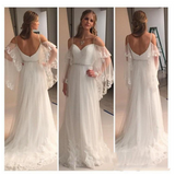 A Line Spaghetti Straps Sweetheart Lace Illusion Sleeves Backless Beach Wedding Dresses JS711