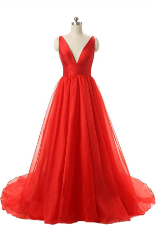 Red V-neck Backless Long Tulle Prom Dresses Evening Dresses JS494