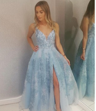 Light Blue Lace Appliques Prom Dresses with Slit Beads V Neck Evening Dresses JS607